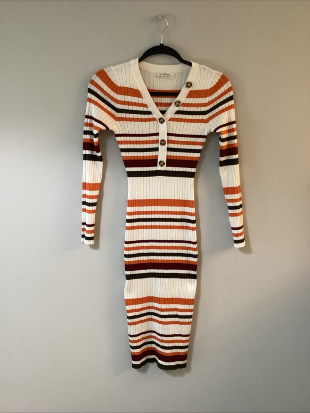 Ribbed Stripe Button-Front Midi Dress in Cream and Orange